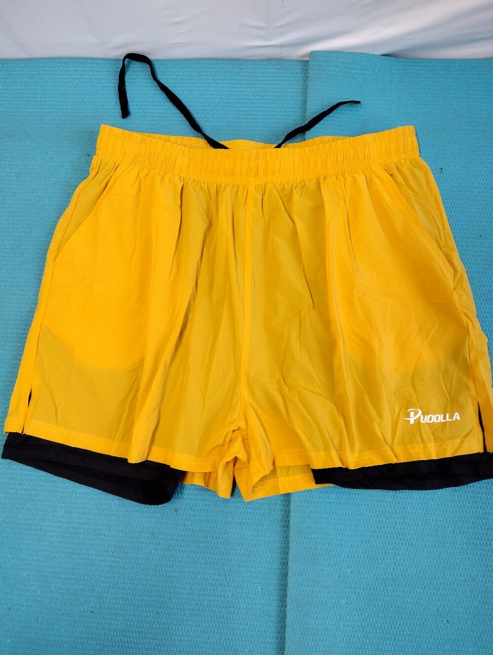 Pudolla Men's 2 in 1 Running Shorts Black Liner Gym Athletic Workout Yellow - L